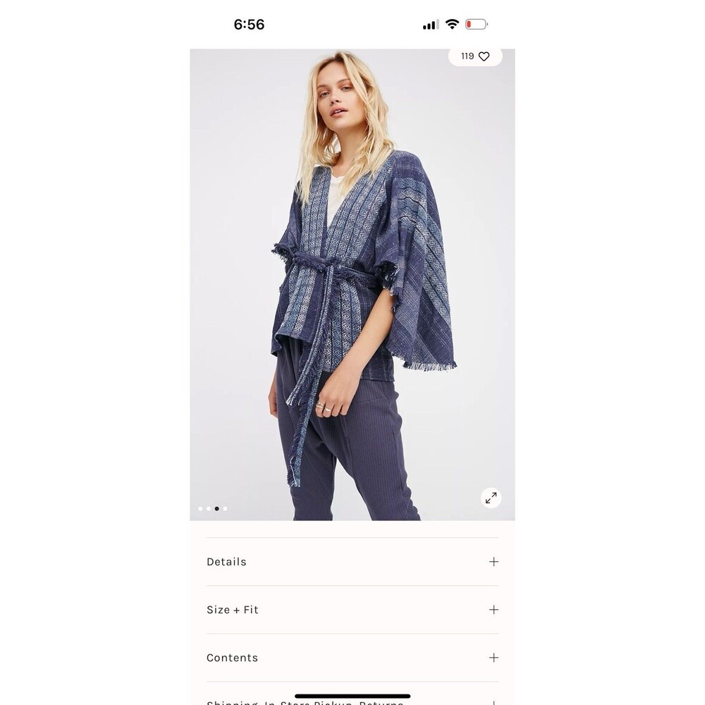 Free People Half Moon Blue Jacquard Kimono Top One Size